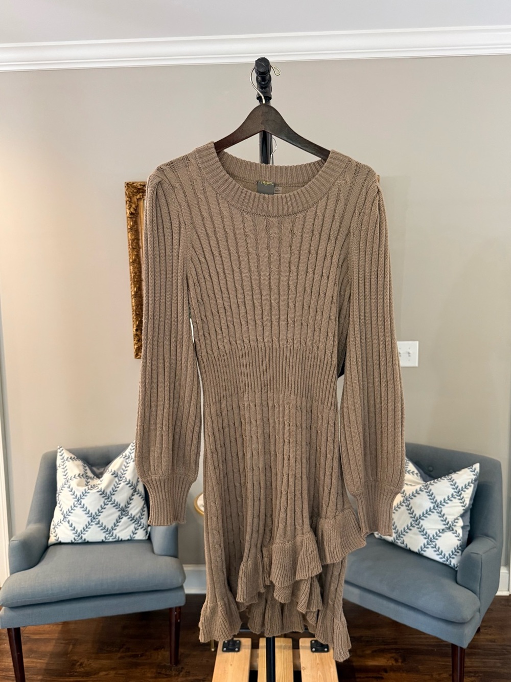 Taylor Taupe Cable Knit Ruffle-Hem Long Sleeve Dress